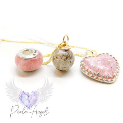 ashes jewelry family order, pink bead and heart necklace, classic ashes orb.