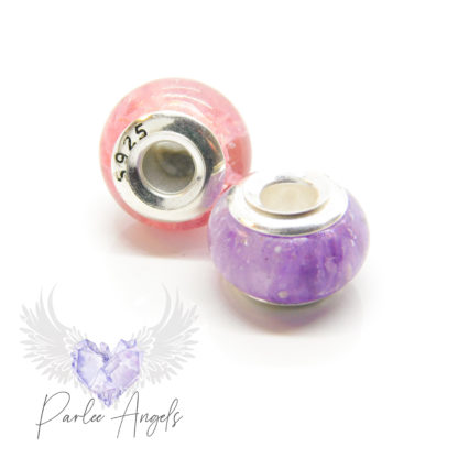 pink and purple cremains beads, fairy pink and orchid purple resin sparkle mix. Solid sterling silver 925 bead cores. Back of bead core stamped