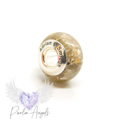 classic ashes bead engraved with Arial font and heart emoji. Natural ashes not ground extra, large flecks