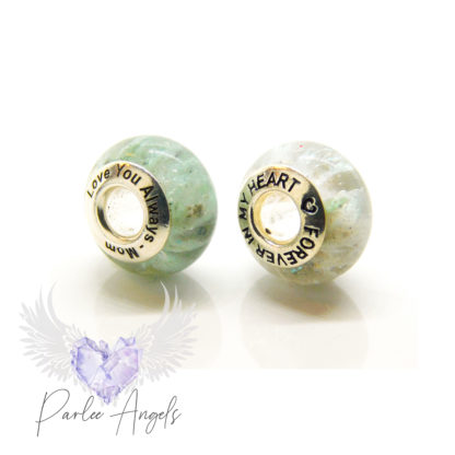 cremation ash beads, one with engraved bead fore and one forever in my heart. Aqua sparkle mixes, normal and pastel