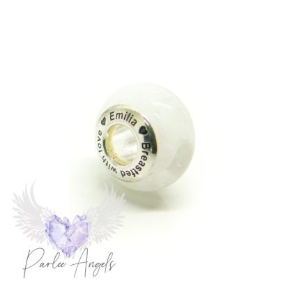 engraved breastmilk bead, classic with no colour or sparkle. Engraved with name and breastfeeding message