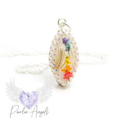 marquise hair flower necklace, lock of hair and unicorn white resin sparkle mix, tiny flowers in rainbow