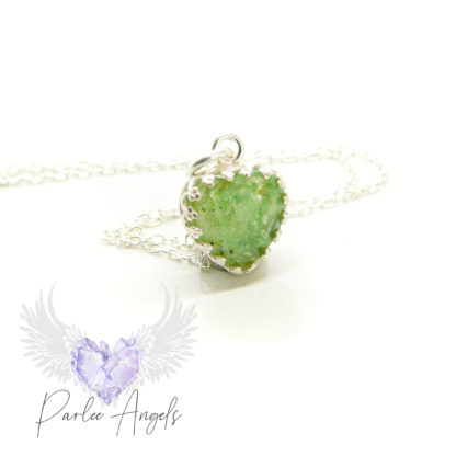 small heart necklace, 10mm crown point setting solid sterling silver. Basilisk green and cremation ashes in resin stone. Trace chain